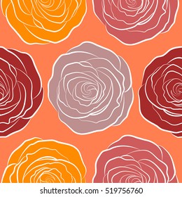 Vector seamless ink pattern with abstract flowers in orange, pink and red colors. Hand drawn brush painting roses. Trendy floral background.