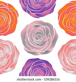 Vector seamless ink pattern with abstract flowers in orange, pink and violet colors. Hand drawn brush painting roses. Trendy floral background.
