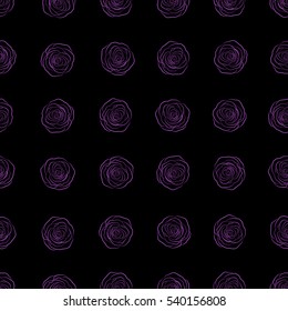 Vector seamless ink pattern with abstract flowers silhouette in violet colors. Hand drawn brush painting roses. Trendy floral background.