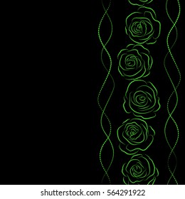 Vector seamless ink pattern with vertical abstract flowers in black and green colors. Hand drawn brush painting roses silhouette. Trendy floral background with copy space (place for your text).