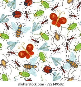 Vector seamless insects pattern. Cartoon bee, butterfly, spider, wasp, ant, ladybug, moth, beetle on white background. Hand-drawn boundless background.