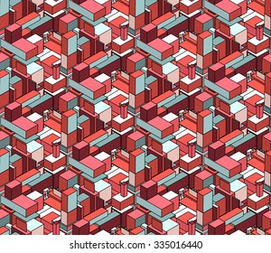 Vector Seamless Isometric Blocks Cubic City Composition Pattern in Pink and Blue Abstract Background