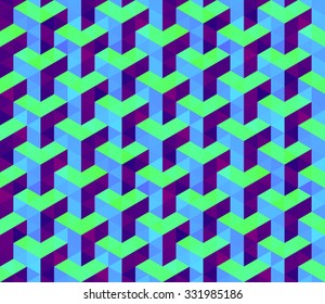 Vector Seamless Isometric Hexagonal Cube Pattern in Blue Lime and Purple Abstract Background