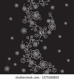 Vector seamless japanese black white background Vintage wedding pattern Delicate frame of flowers of an Oriental cherry and butterfly Sakura in bloom. Decoration for a wedding card Arab motive