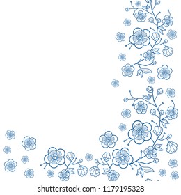 Vector seamless japanese blue white background. Vintage wedding pattern. Delicate frame of flowers of an Oriental cherry and butterfly. Sakura in bloom. Decoration for a weddi