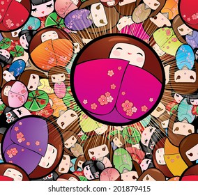 Vector Seamless Japanese Kokeshi Dolls Background