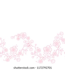 Vector seamless japanese pink background. Vintage wedding pattern. Delicate frame of flowers of an Oriental cherry and butterfly. Sakura in bloom. Decoration for a wedding card