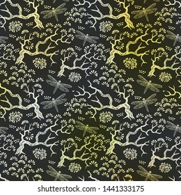 Vector seamless Japanese style pattern on dark background.