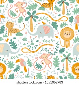 Vector Seamless Jungle Animals Pattern