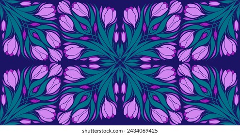 Vector seamless kaleidoscope pattern with crocuses. Art nouveau surface design with decorative spring flowers on violet background. Floral texture with bouquets in tile for wallpaper, wrapping paper