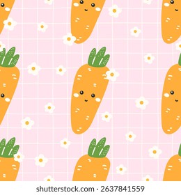 Vector Seamless kawaii carrot pattern with smiling faces and floral accents. Perfect for kids clothing, organic food wraps, or cheerful spring textiles