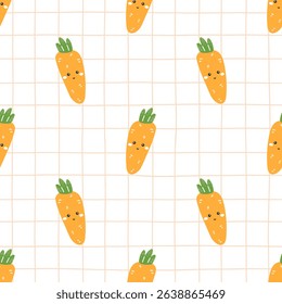 Vector Seamless kawaii carrot pattern with smiling faces and floral accents. Perfect for kids clothing, organic food wraps, or cheerful spring textiles