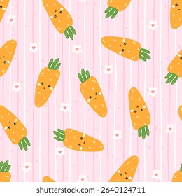 Vector Seamless kawaii carrot pattern with smiling faces and floral accents. Perfect for kids clothing, organic food wraps, or cheerful spring textiles