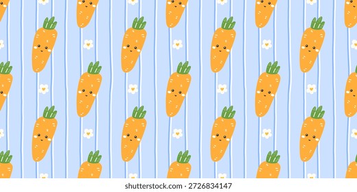 Vector Patrón de zanahoria kawaii sin fisuras con caras sonrientes y acentos florales. Perfecto para ropa de niños, envolturas de alimentos orgánicos o textiles de primavera alegres