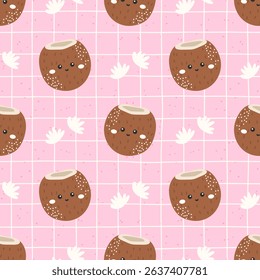 Vector Seamless kawaii coconut pattern with smiling faces and floral accents. Tropical and fun design for kids clothing, summer textiles, or wrapping paper