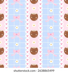 Vector Seamless kawaii coconut pattern with smiling faces and floral accents. Tropical and fun design for kids clothing, summer textiles, or wrapping paper