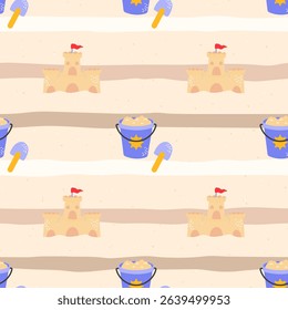 Vector Seamless kawaii pattern with beach sandcastles, pails, and ocean waves in a pastel summer setting. Perfect for kids clothing, wrapping paper, textile