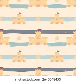 Vector Seamless kawaii pattern with beach sandcastles, pails, and ocean waves in a pastel summer setting. Perfect for kids clothing, wrapping paper, textile