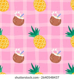 Vector Seamless kawaii pattern with minimalistic yellow pineapples and coconut — perfect for children’s clothing, summer textiles, and nursery decor