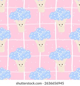 Vector Seamless kawaii pattern with smiling broccoli. Perfect for kids textiles, healthy food themes, and playful eco-friendly designs