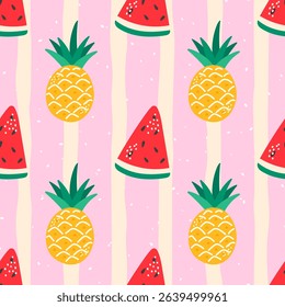 Vector Seamless kawaii pattern with tropical fruits, pineapple, watermelon slices. Perfect for childrens clothing, nursery wallpaper, and summer fabric designs