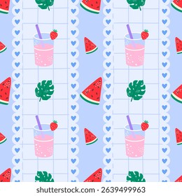 Vector Seamless kawaii pattern with tropical cocktails, lemonade drinks, watermelon slice. Ideal for childrens clothing, textile, and wrapping paper