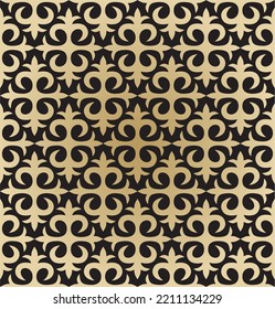 Vector seamless Kazakh national ornament. Gold on a black background. Mongolian, Kyrgyz, Kalmyk patterns. Yurt and clothing decoration. Print of the nomadic peoples of the great steppe