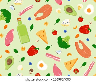 Vector seamless keto-diet pattern on light green background with salmon, nuts, chicken, berries and vegetables