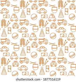 Vector seamless  Kid toy pattern illustrations. Happy childhood game items: Cars pyramid, domino, xylophone drum ball Primary school, elementary grade, kindergarten Game Play Design for clothing, print