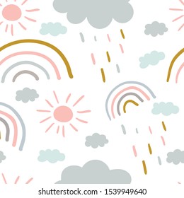 Vector seamless kids hand drawn pattern with rainbow, raindrops, clouds and sun. Creative scandinavian texture for fabric, wrapping, textile, wallpaper, apparel on the white background.