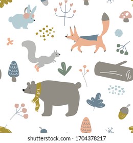 Vector Seamless Kids, Infants or Children Pattern, Winter Animals in the Forrest Theme