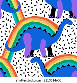 Vector seamless kids pattern with dinosaurs and rainbows