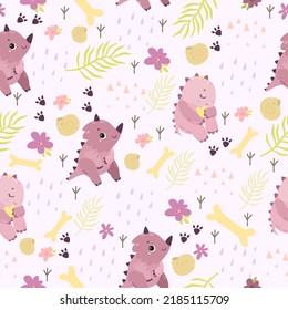 Vector seamless kids pattern with dinosaurs. Cute background with palm leaves and cute dino.