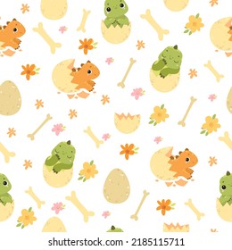Vector seamless kids pattern with dinosaurs. Cute backdrop with palm leaves and cute dinos. Newborn Dinosaurs