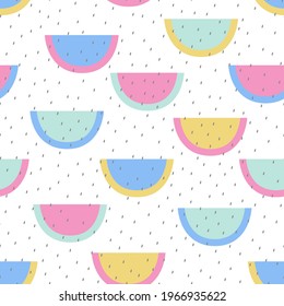 Vector seamless kids pattern with multicolored watermelon with seed rain on a white background. Fabric textile print