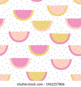 Vector seamless kids pattern with watermelon with seed rain on a white background. Fabric textile print