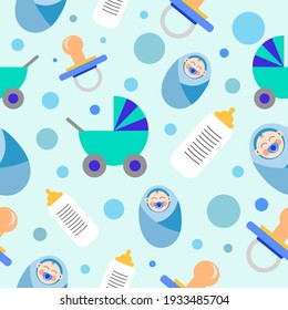 Vector seamless kind cute baby theme pattern on light blue background 