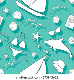Vector seamless kind pattern with sea attributes on water blue.
