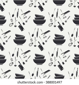 Vector seamless kitchenware pattern with  pestle, knife, fork, spoon , dishes. Cartoon style illustration texture. Wallpaper.