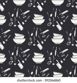 Vector seamless kitchenware pattern with  pestle, knife, fork, spoon , dishes. Cartoon style illustration texture. Wallpaper.