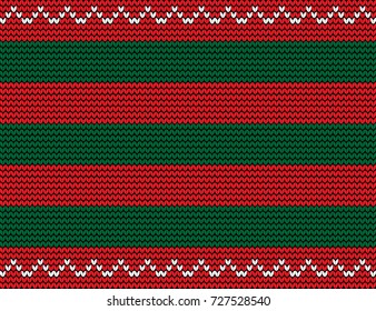 Vector seamless  knitted background with green and red stripes and white wavy pattern as border.