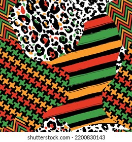 Vector seamless kwanzaa patch pattern with colored leopard print and geomerrical seamless pattern. Animal print. Cheetah african print