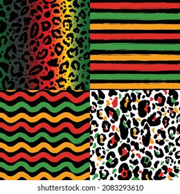 Vector seamless kwanzaa pattern set with colored leopard print and geomerrical seamless pattern. Animal print. Cheetah african print on white background.