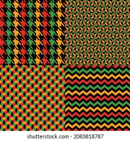 Vector seamless kwanzaa pattern set with colored print and geomerrical seamless and cage pattern. Bright print on black background. Scottish checkered background. Seamless fabric texture. Vector