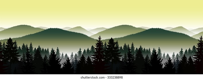  Vector seamless landscape. Panorama of mountains.  A fog. Green and yellow tones.