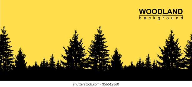 Vector seamless landscape. Silhouette of coniferous trees on the background of yellow sky.