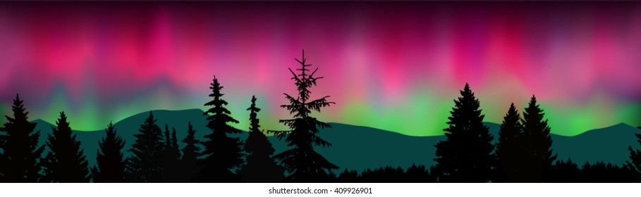 Vector seamless landscape. Silhouette of mountains, coniferous trees on the background of colorful sky. Northern lights. Eps 10.