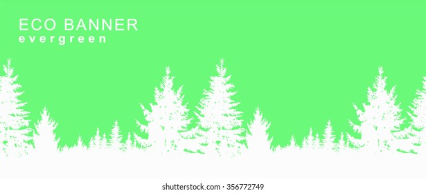 Vector seamless landscape. White silhouette of coniferous trees on the background of green sky.