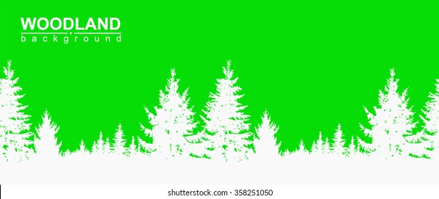 Vector seamless landscape. White silhouette of coniferous trees on the background of green sky.