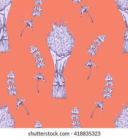 Vector seamless Lavender pattern on red. Hand drawn vintage herbal sketch for fabric, wrapping and other seamless design.